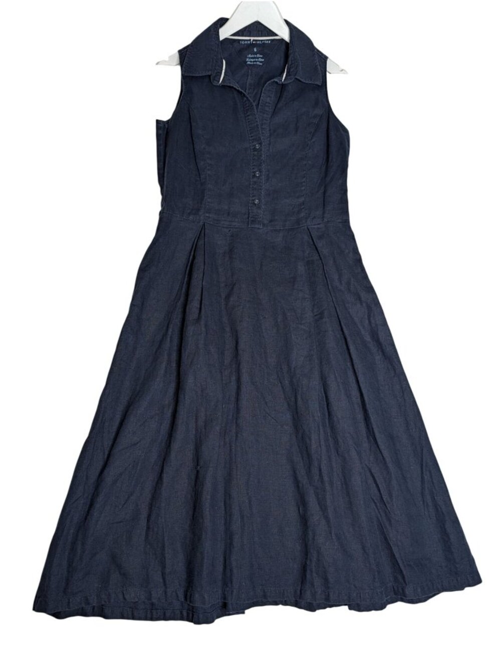 Tommy Hilfiger Linen Womens Navy Sleeveless Midi Dress Button Front & Collar Siz - Picture 12 of 14